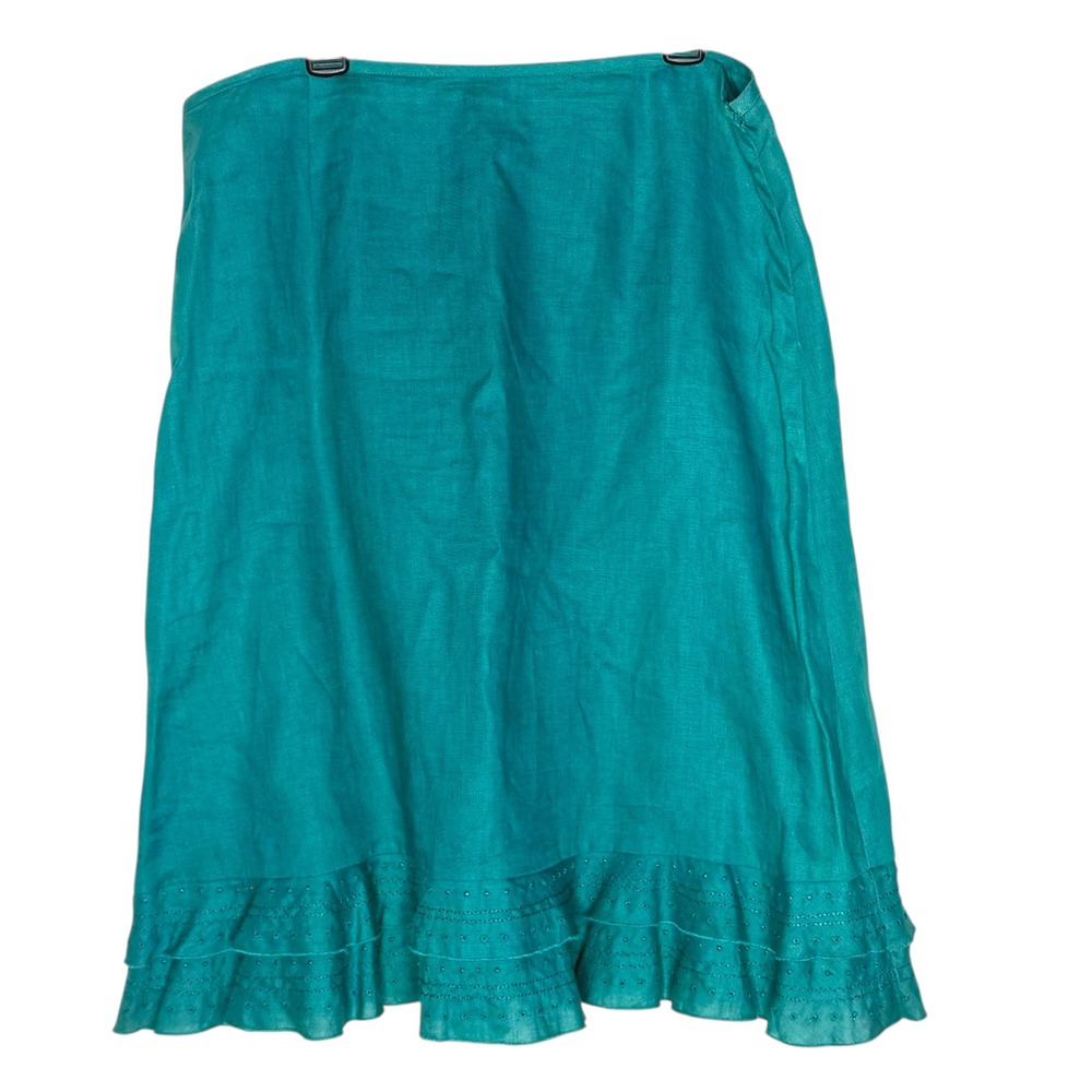 Womens Irish Linen BOHO Layered Ruffle Hem Eyelet Trim Skirt Cottagecore Size 8